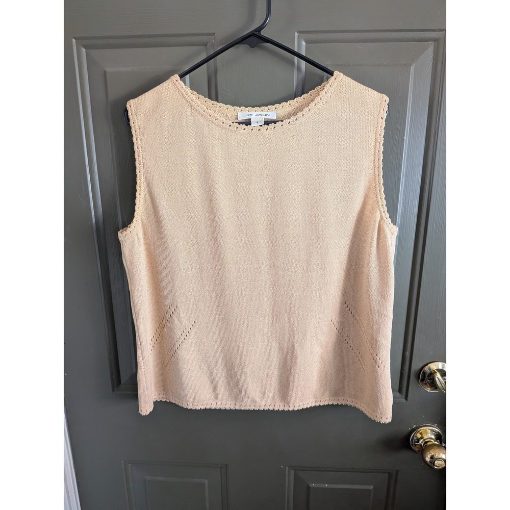 St John Vintage Womens Butter Yellow Knit Top Sleeveless Scalloped Trim Large